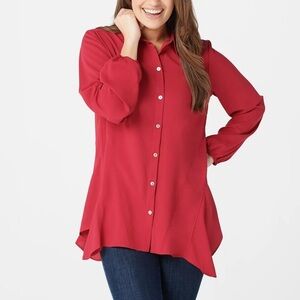 LOGO by Lori Goldstein Women’s L Woven Crepe Blouse Asymmetrical Hem‎ Button Up